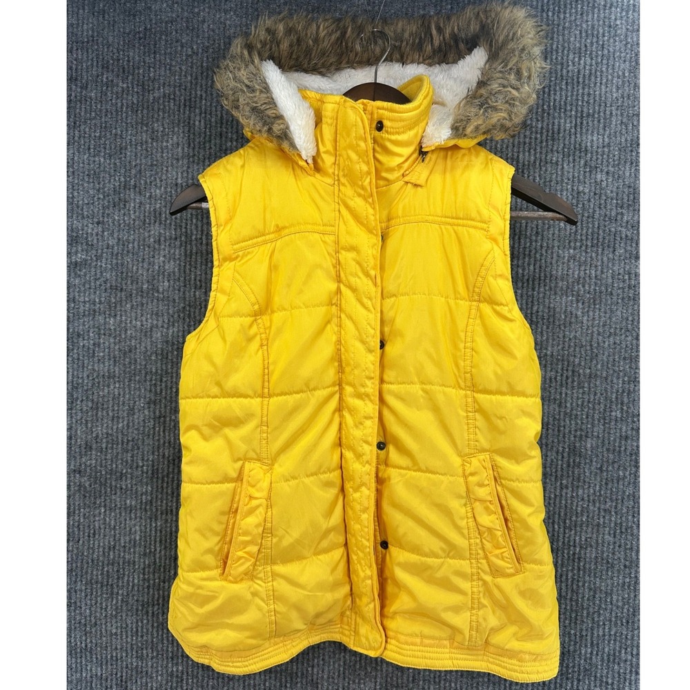 Urbanology Puffer Vest Women Medium Yellow Good Hooded Faux Fur Trim Quilted